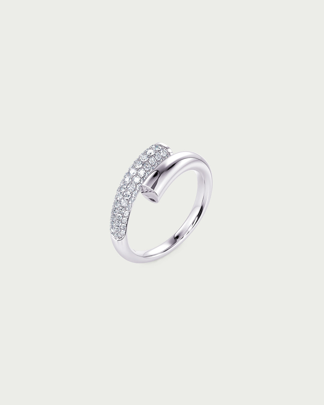 solo product shot of 18k white gold lab grown diamond wrap ring on off-white background